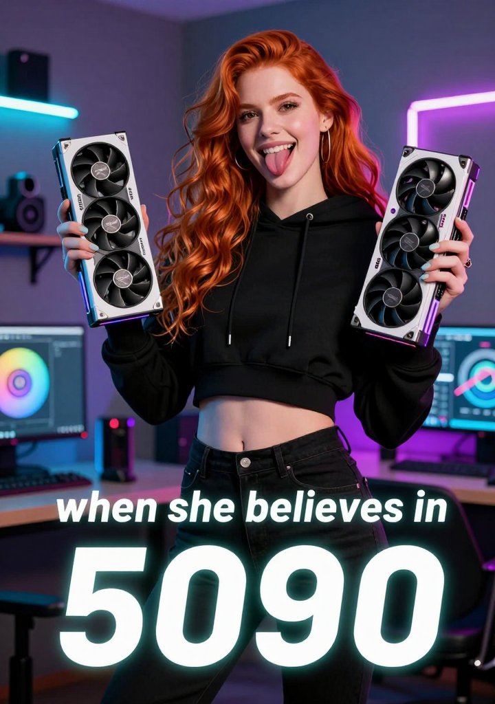 "subject": "tall redhead goddess", "outfit": "black crop hoodie", "pose": "standing in neon gaming room, holding dual 5090s , tongue out", "prop": "two white 5090 Suprim Xs, rainbow RGB", "text_overlay": "when she believes in 5090"
